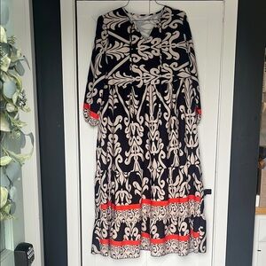 Viral Tik Tok Black and Cream Patterned Maxi Dress with Orange Accents
